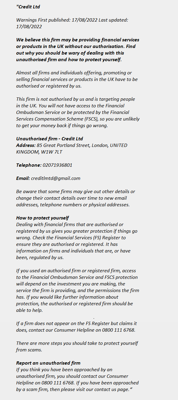 Credit Ltd - FCA