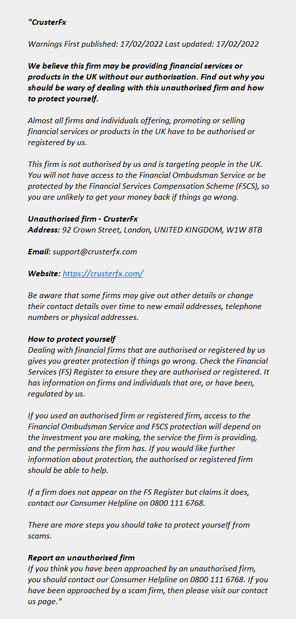 crusterfx.com: FCA issues warning! Crusterfx.com - CRUSTERFX