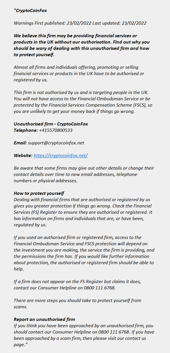 Cryptocoinfox.net: FCA issues warning! Cryptocoinfox.net - CRYPTOCOINFOX