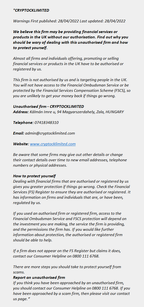 cryptocklimited.com: FCA issues warning! cryptocklimited.com - CRYPTOCKLIMITED