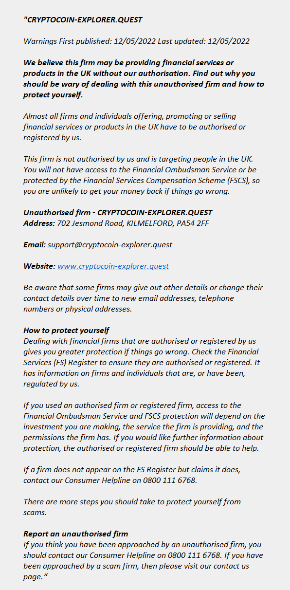 cryptocoin-explorer.quest ++ FCA Warning List