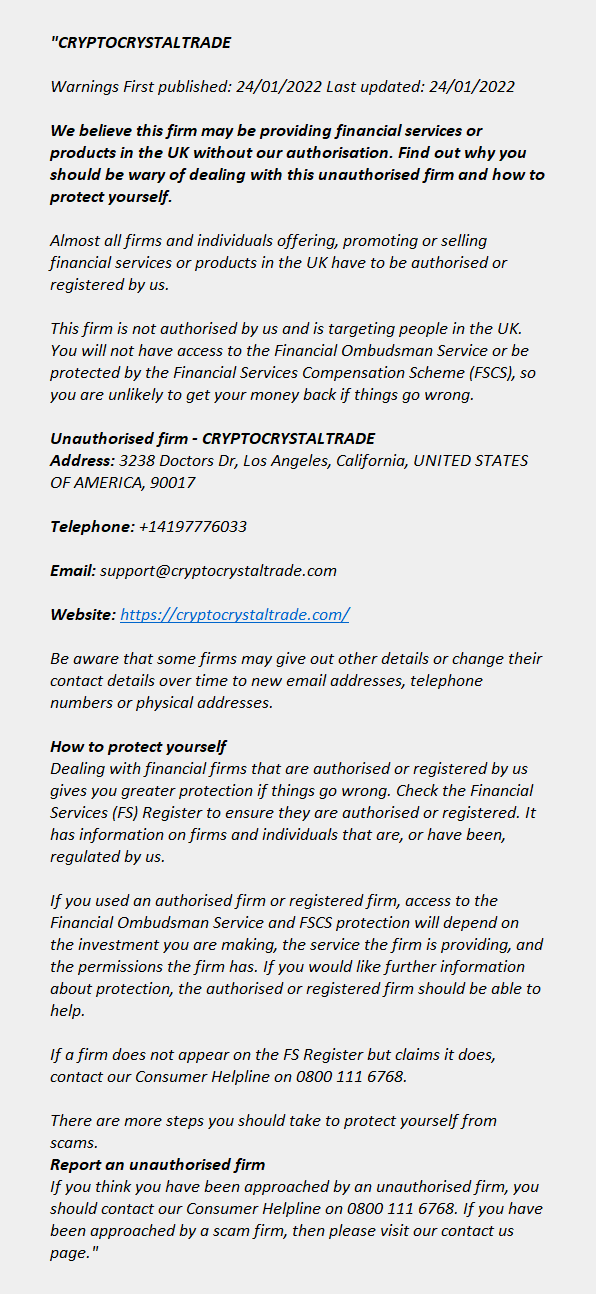 cryptocrystaltrade.com: FCA issues warning Cryptocrystaltrade.com
