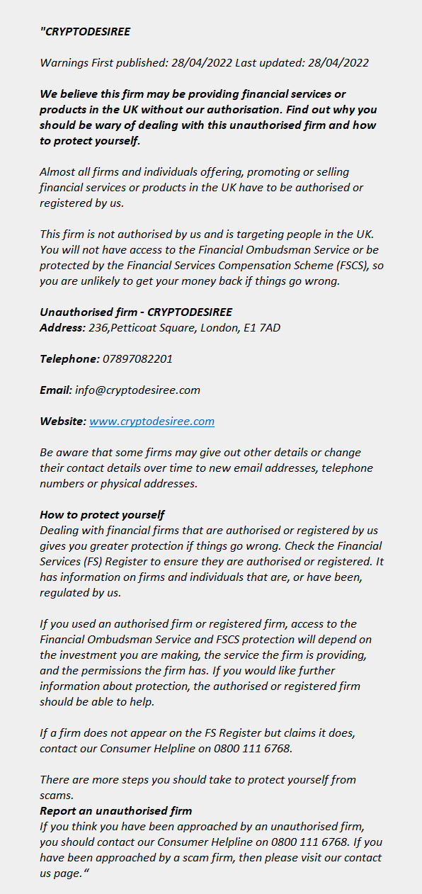 cryptodesiree.com: FCA issues warning! cryptodesiree.com - CRYPTODESIREE