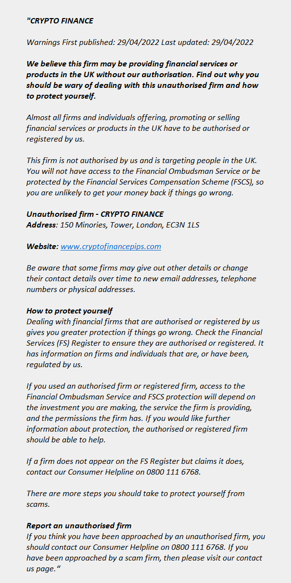 cryptofinancepips.com: FCA issues warning! cryptofinancepips.com - CRYPTO FINANCE