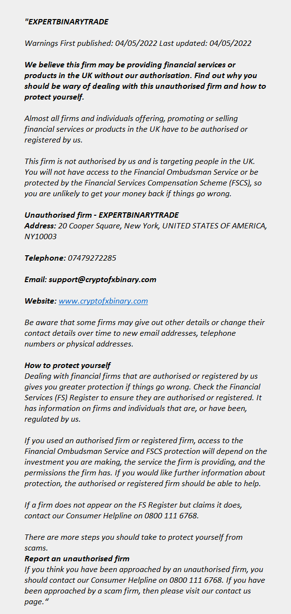 cryptofxbinary.com: FCA issues warning! cryptofxbinary.com - EXPERTBINARYTRADE