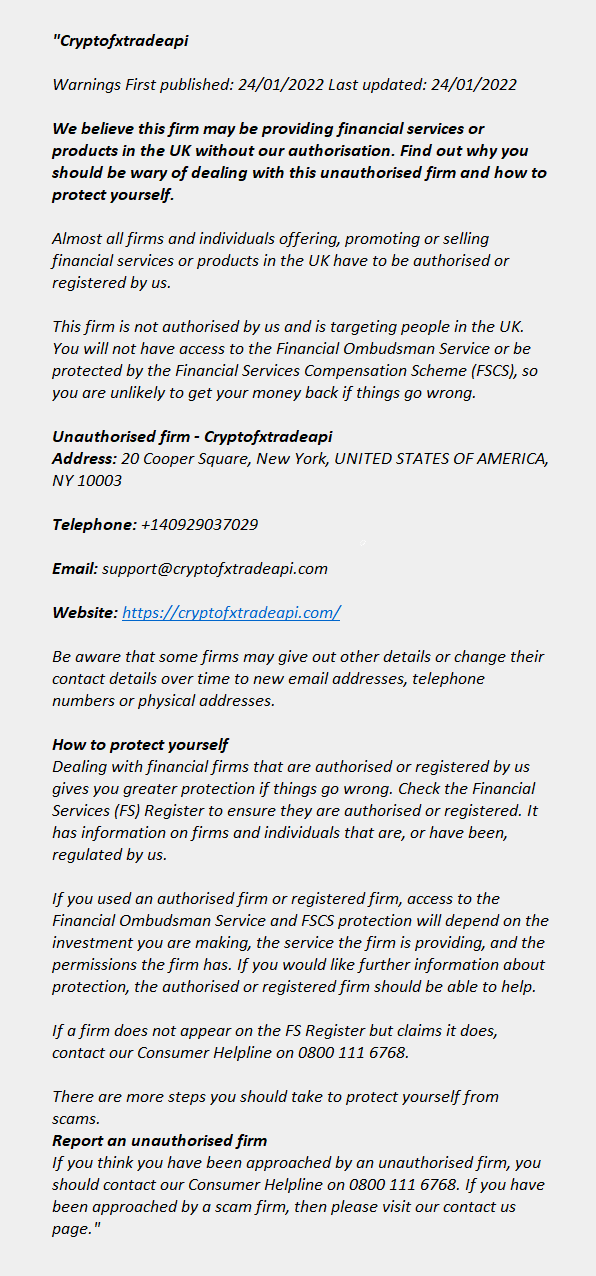 cryptofxtradeapi.com: FCA issues warning Cryptofxtradeapi.com