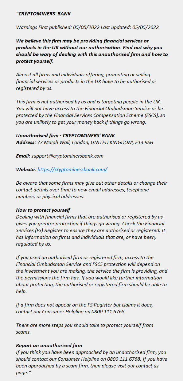 cryptominersbank.com: FCA issues warning! cryptominersbank.com - CRYPTOMINERS’ BANK