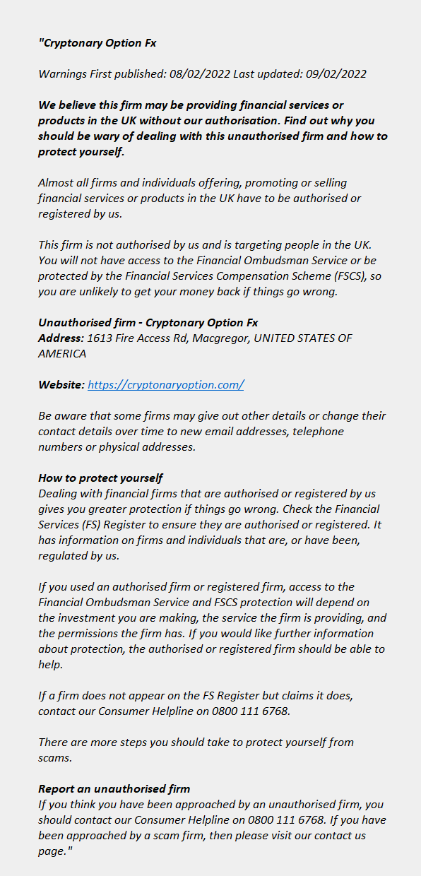 cryptonaryoption.com: FCA issues warning! Cryptonaryoption.com - CRYPTONARY OPTION FX
