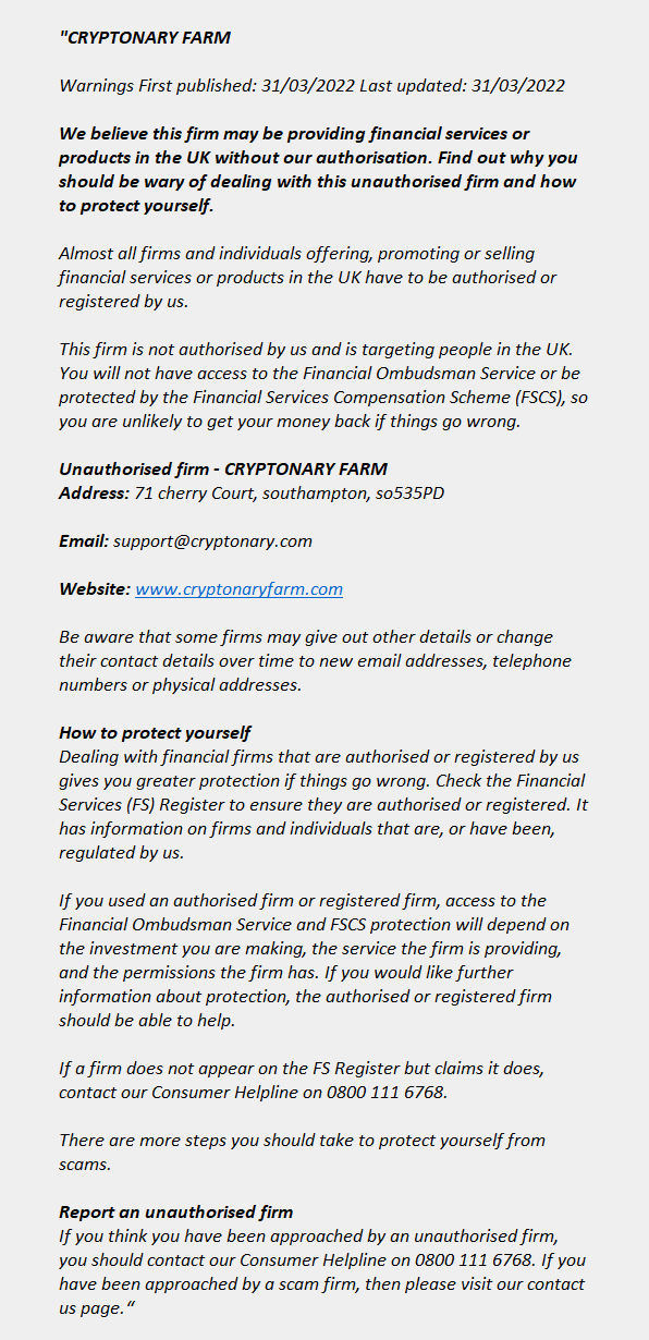 cryptonaryfarm.com: FCA issues warning! cryptonaryfarm.com - CRYPTONARY FARM