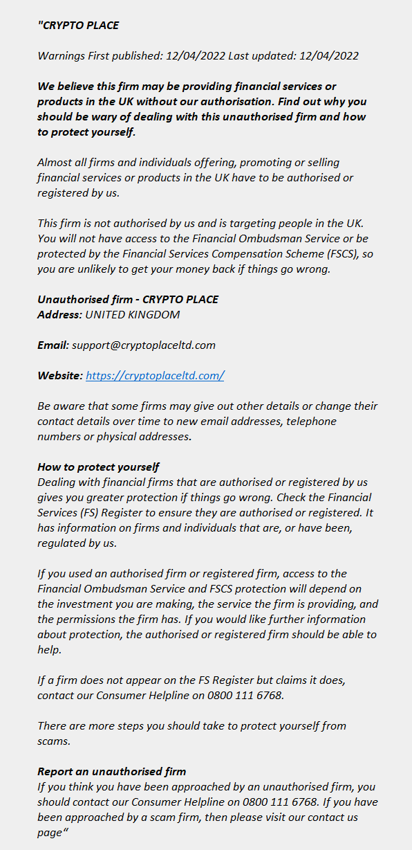 cryptoplaceltd.com: FCA issues warning! cryptoplaceltd.com - CRYPTO PLACE