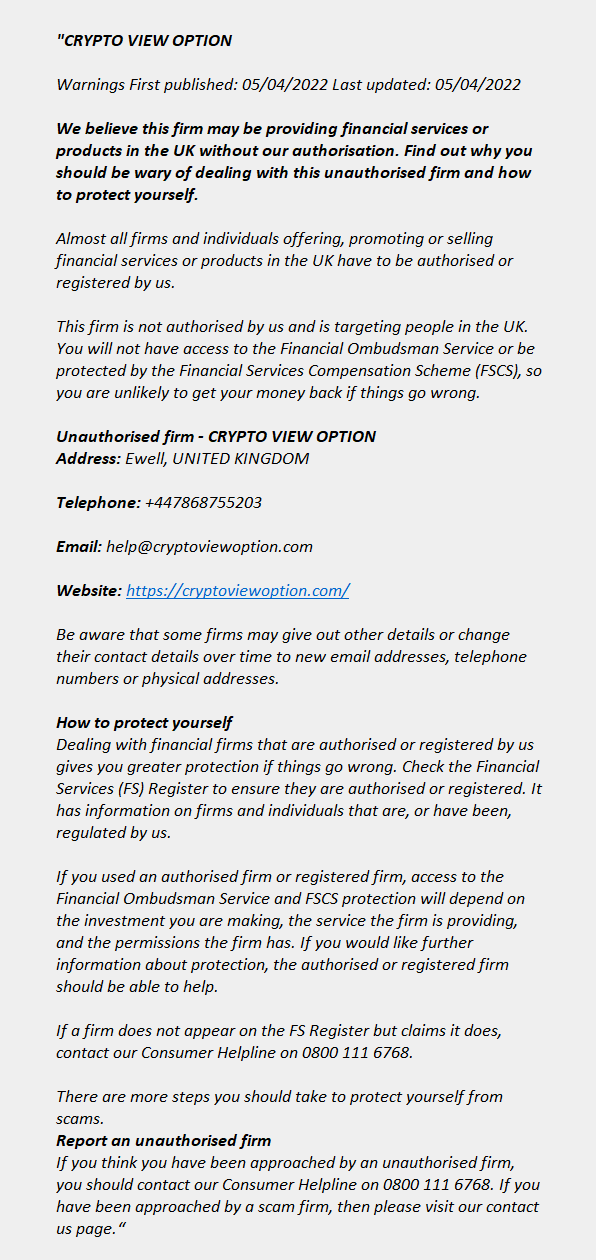 cryptoviewoption.com: FCA issues warning! cryptoviewoption.com - CRYPTO VIEW OPTION