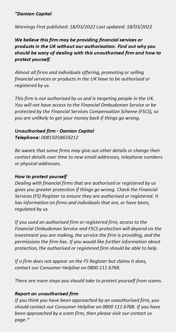 Damion Capital - FCA