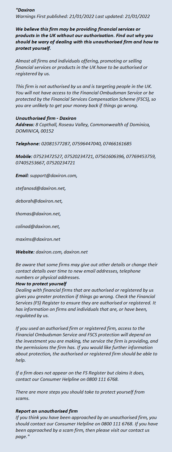 daxiron.com & daxiron.net: FCA issues warning daxiron.com & daxiron.net