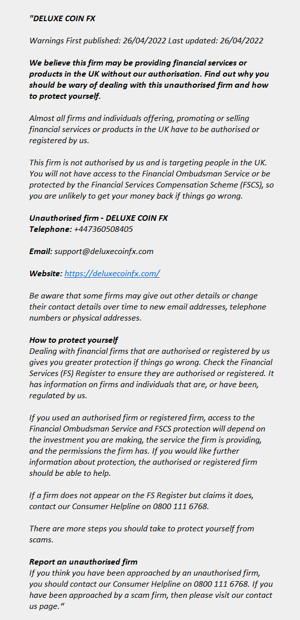 deluxecoinfx.com: FCA issues warning! deluxecoinfx.com - DELUXE COIN FX