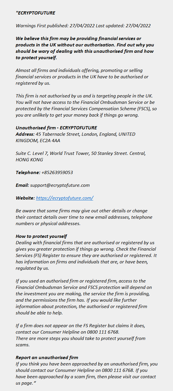 ecryptofuture.com: FCA issues warning! ecryptofuture.com - ECRYPTOFUTURE