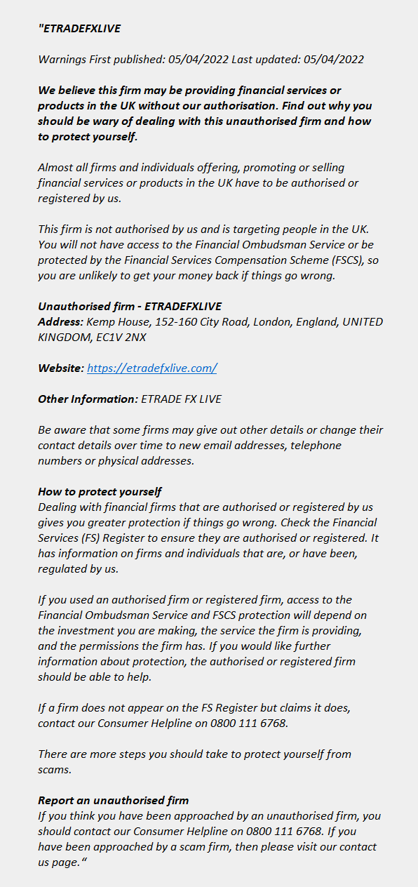 etradefxlive.com: FCA issues warning! etradefxlive.com - ETRADEFXLIVE