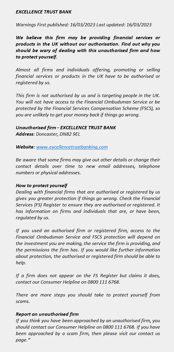 EXCELLENCETRUSTBANKING.COM – EXCELLENCE TRUST BANK