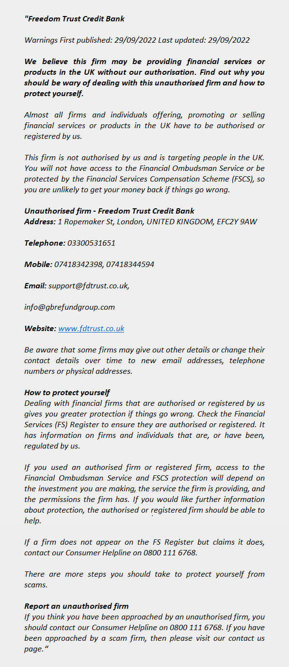 FDTRUST.CO.UK - FREEDOM TRUST CREDIT BANK