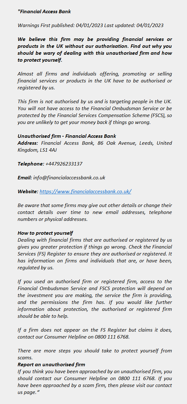 financialaccessbank.co.uk – FINANCIAL ACCESS BANK
