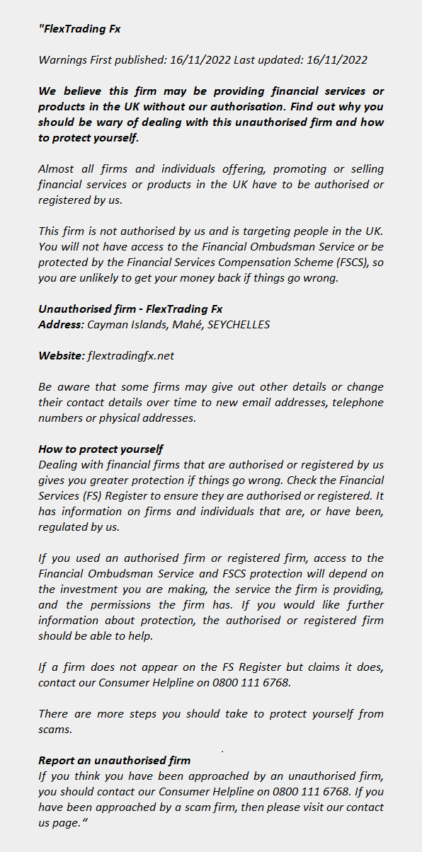 flextradingfx.net: FCA issues warning! flextradingfx.net - FlexTrading Fx