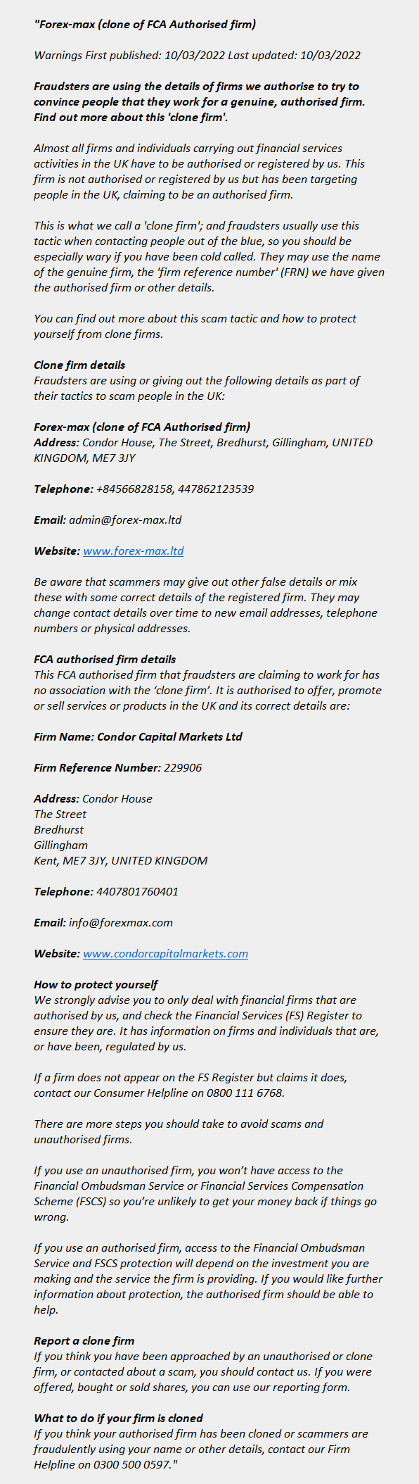 Forex-max.ltd (clone): FCA issues warning! Forex-max (Clone) - Forex-max.ltd (Clone) - Condor Capital Markets Ltd