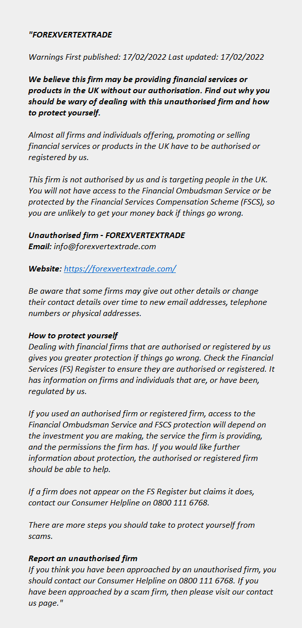 forexvertextrade.com: FCA issues warning! Forexvertextrade.com - FOREXVERTEXTRADE
