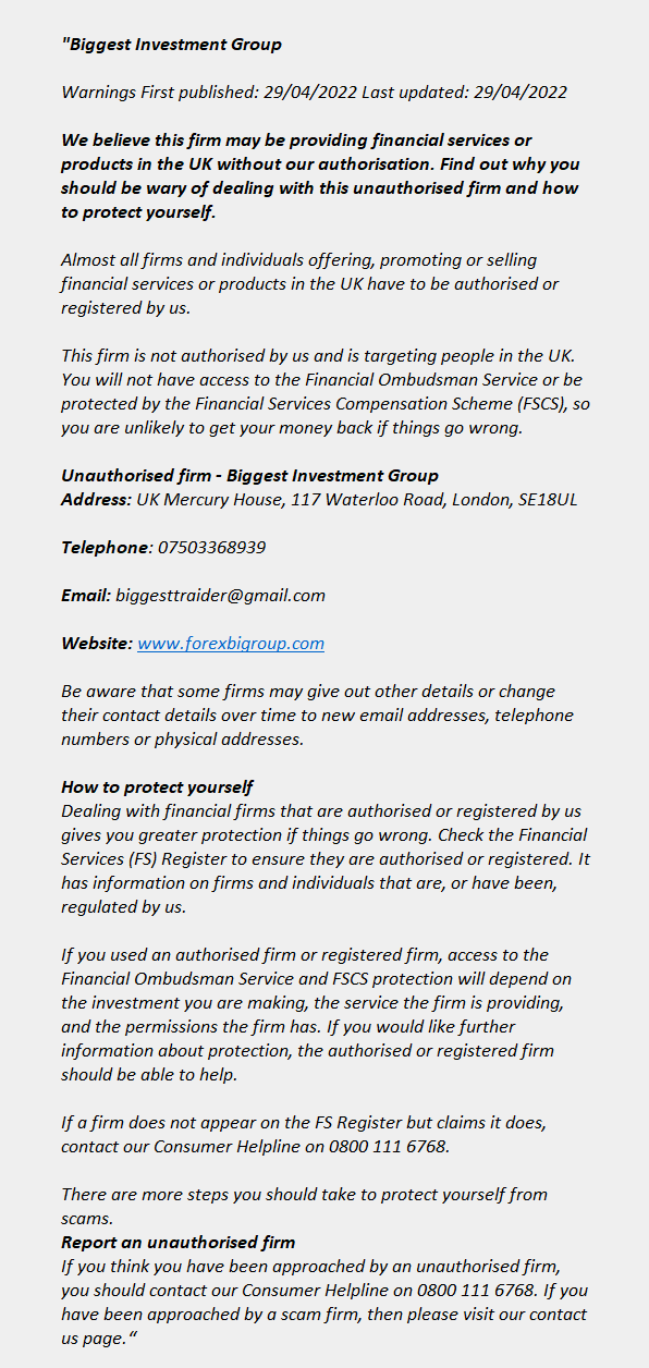 forexbigroup.com: FCA issues warning! forexbigroup.com - BIGGEST INVESTMENT GROUP