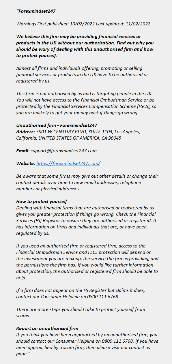 forexmindset247.com: FCA issues warning! Forexmindset247.com - FOREXMINDSET247