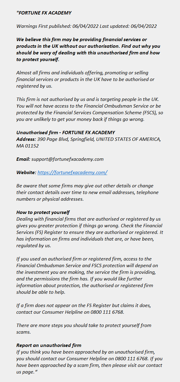 fortunefxacademy.com: FCA issues warning! fortunefxacademy.com - FORTUNE FX ACADEMY