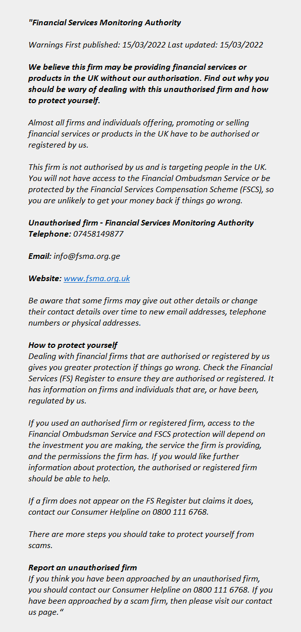 Fsma.org.uk: FCA issues warning! Fsma.org.uk - FINANCIAL SERVICES MONITORING AUTHORITY