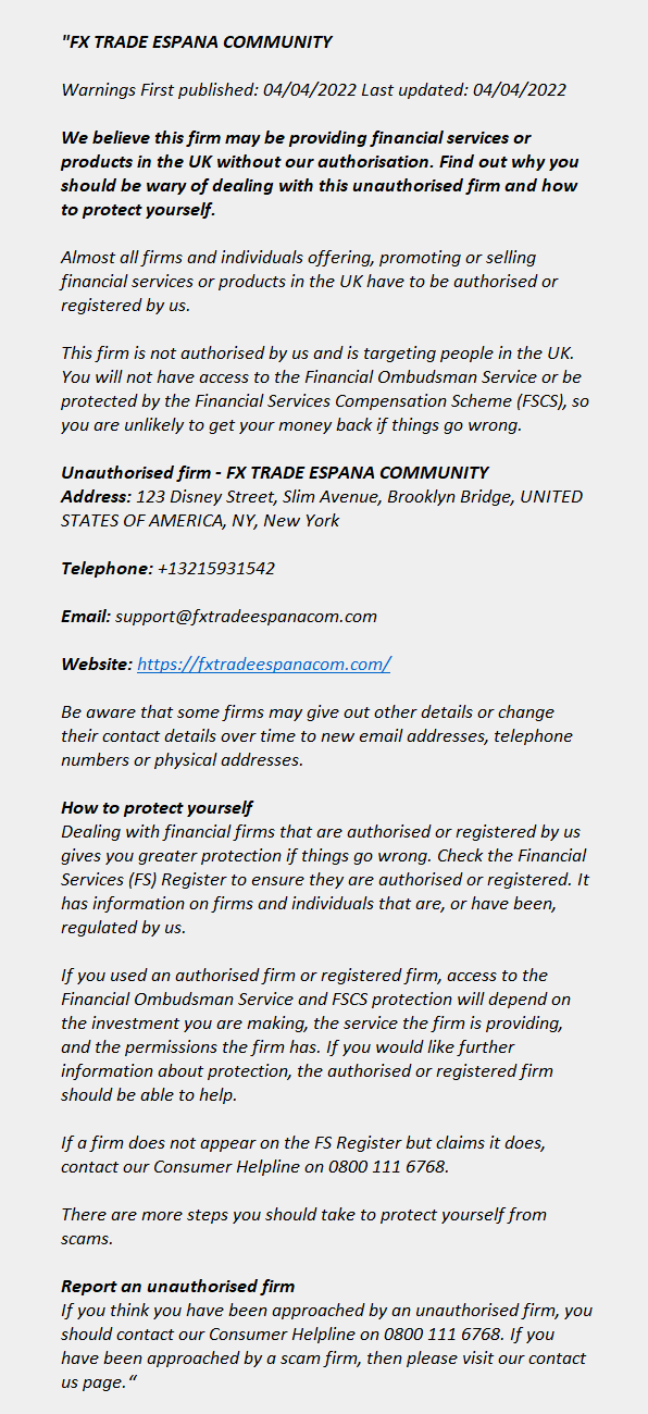 fxtradeespanacom.com: FCA issues warning! fxtradeespanacom.com - FX TRADE ESPANA COMMUNITY