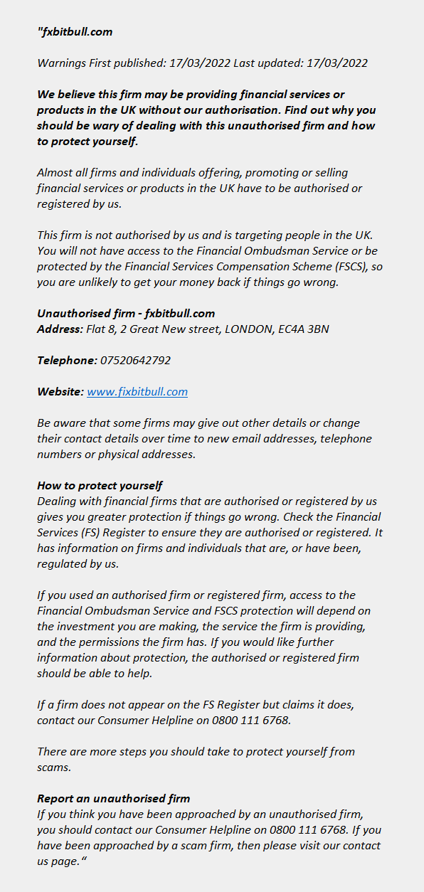 fxbitbull.com: FCA issues warning! fxbitbull.com - Fxbitbull.com