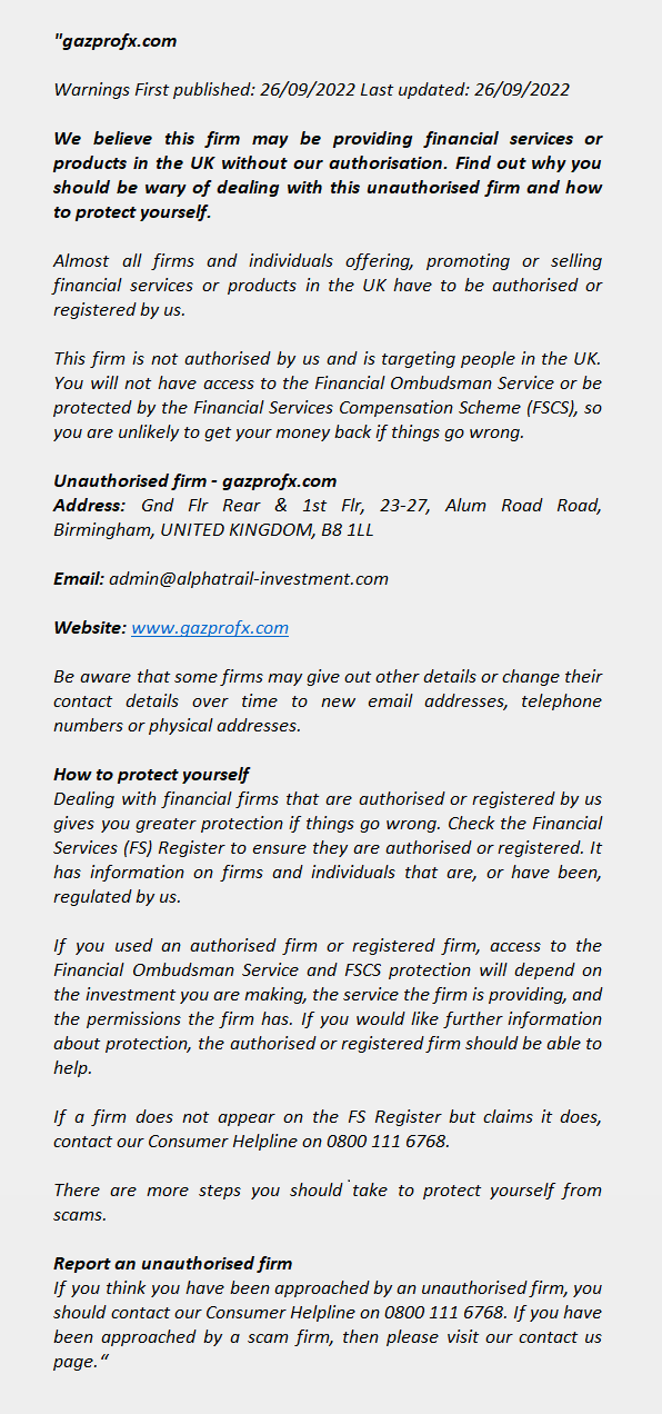 GAZPROFX.COM: FCA issues warning! GAZPROFX.COM - GAZPROFX.COM