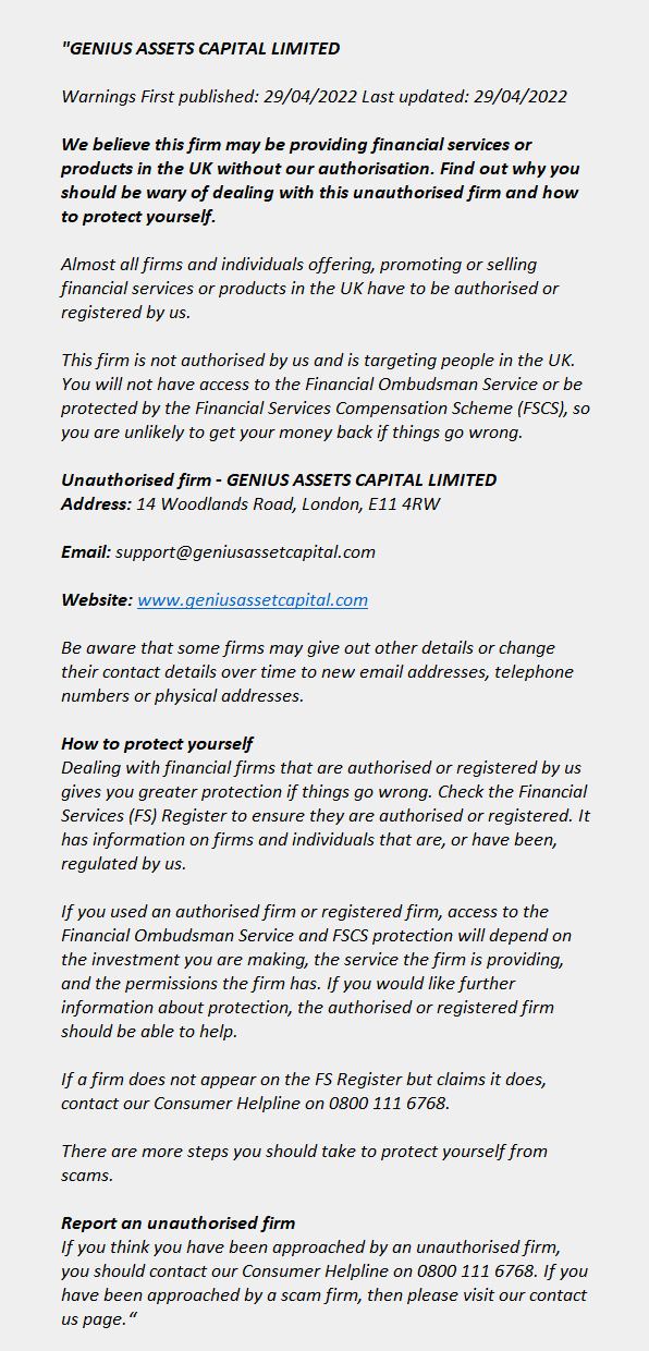 geniusassetcapital.com: FCA issues warning! geniusassetcapital.com - GENIUS ASSETS CAPITAL LIMITED