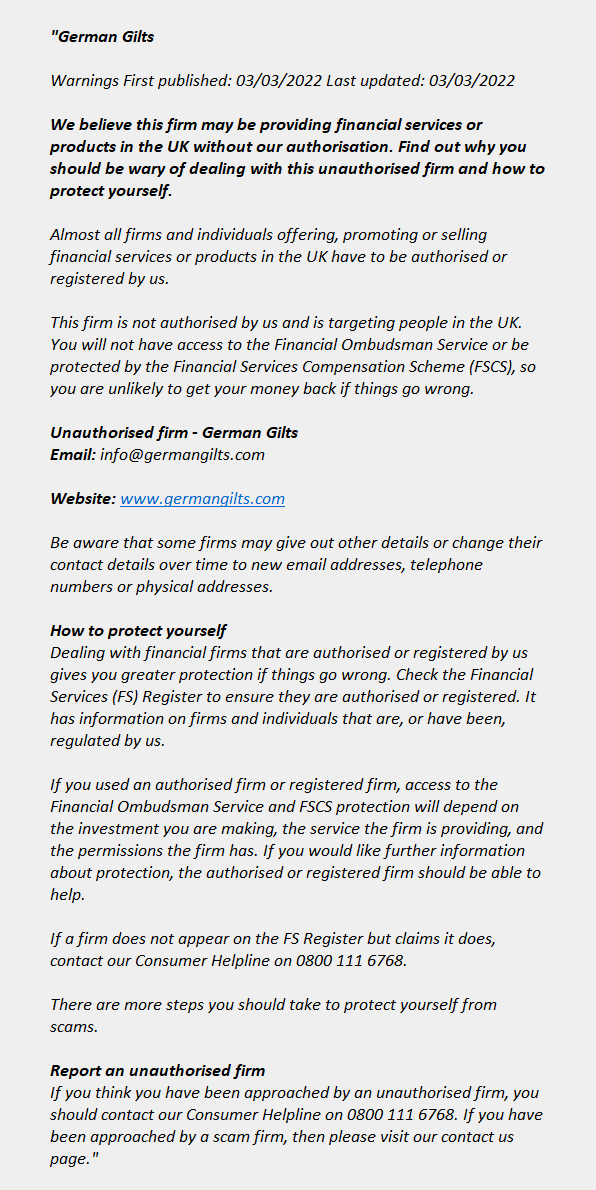 Germangilts.com: FCA issues warning! Germangilts.com - GERMAN GILTS