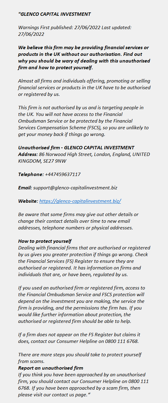 GLENCO-CAPITALINVESTMENT.BIZ - GLENCO CAPITAL INVESTMENT