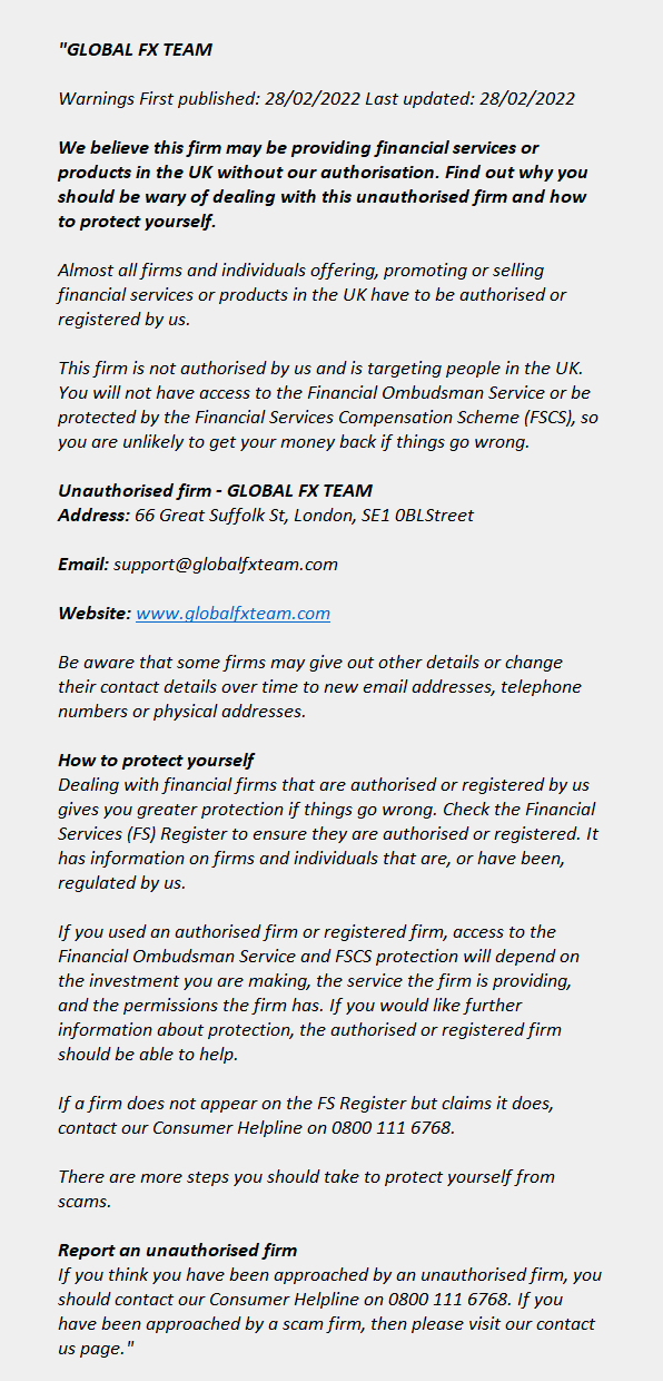 GLOBAL FX TEAM.net: FCA issues warning! Globalfxteam.com - GLOBAL FX TEAM