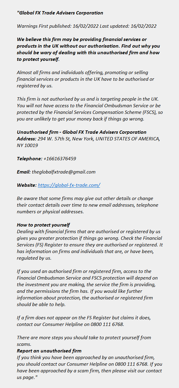 global-fx-trade.com: FCA issues warning! Global-fx-trade.com - Global FX Trade Advisers Corporation