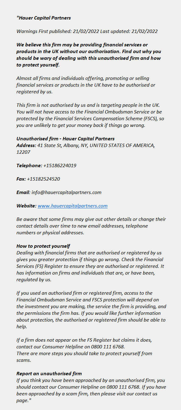 Hauer Capital Partners.com: FCA issues warning! Hauercapitalpartners.com - HAUER CAPITAL PARTNERS