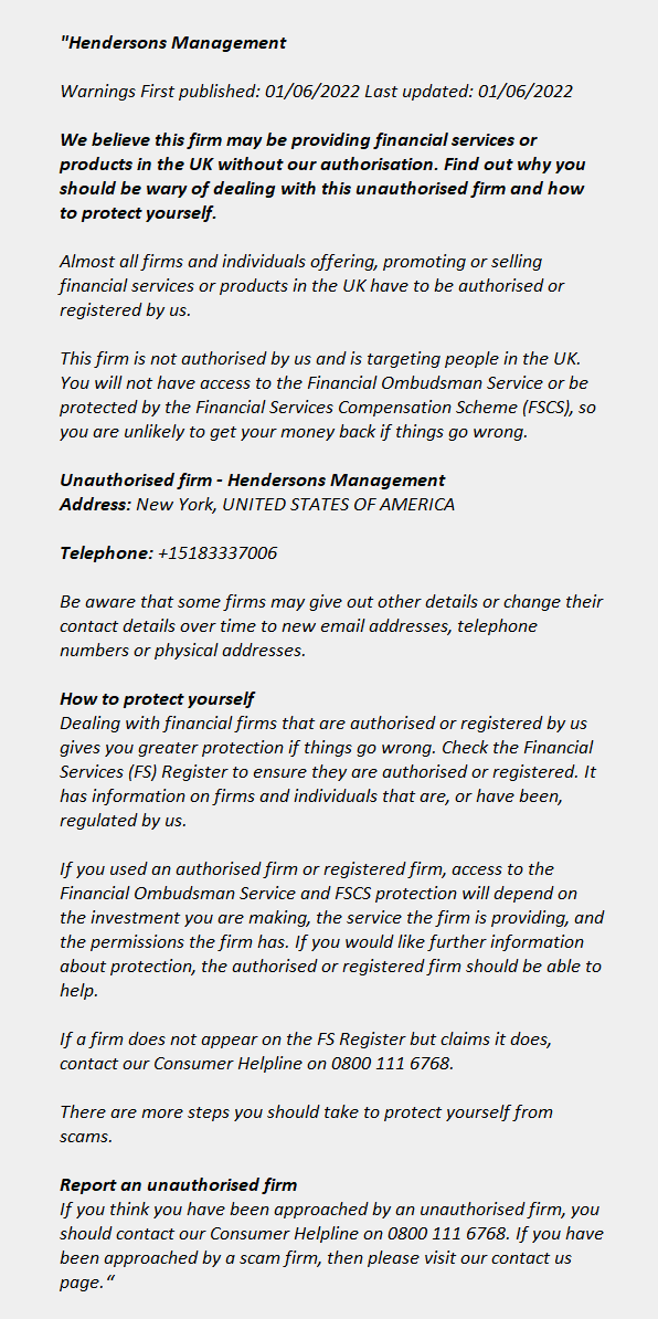 HENDERSONS MANAGEMENT ++ FCA Warning List