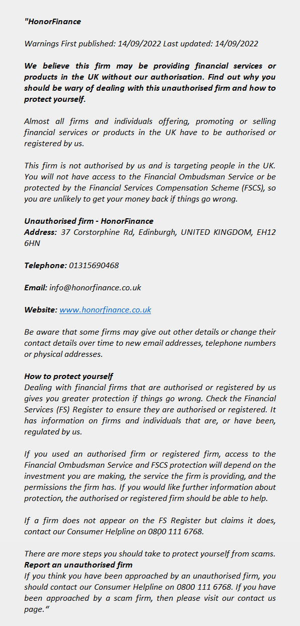 HONORFINANCE.CO.UK - HONORFINANCE