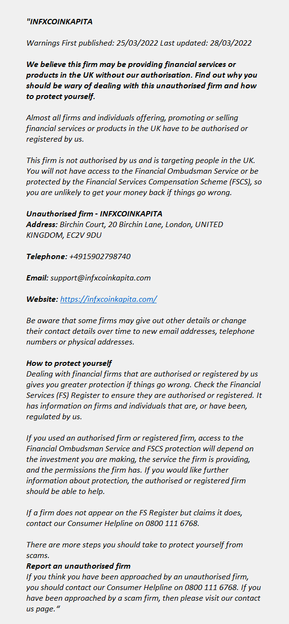infxcoinkapita.com: FCA issues warning! infxcoinkapita.com - INFXCOINKAPITA