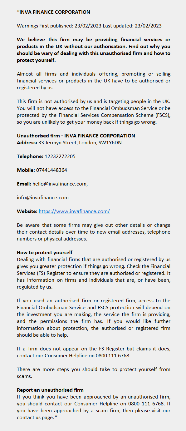 INVAFINANCE.COM – INVA FINANCE CORPORATION