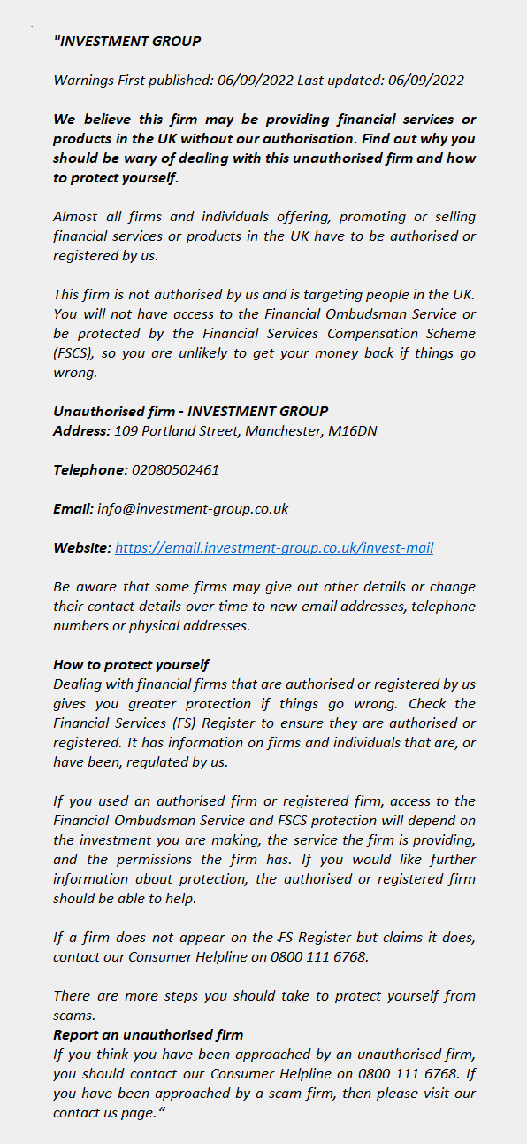 INVESTMENT GROUP - FCA