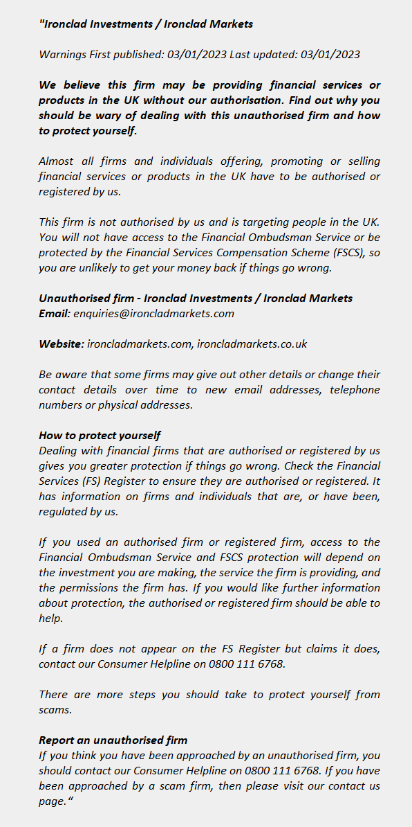 ironcladmarkets.com, ironcladmarkets.co.uk – IRONCLAD INVESTMENTS / IRONCLAD MARKETS