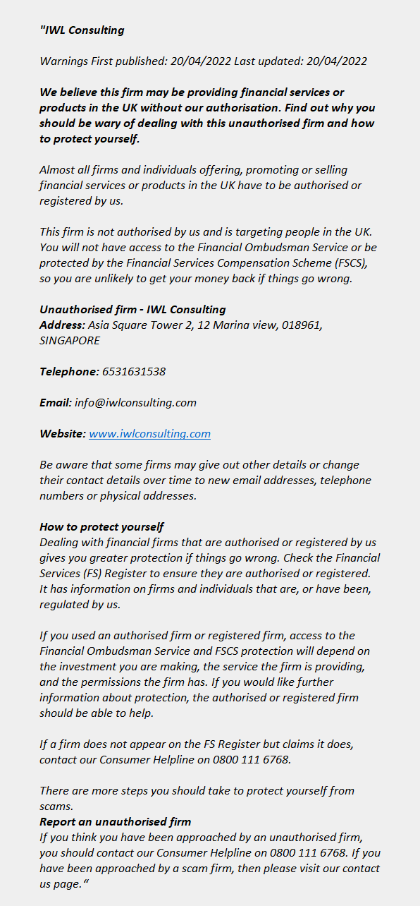 iwlconsulting.com: FCA issues warning! iwlconsulting.com - IWL CONSULTING