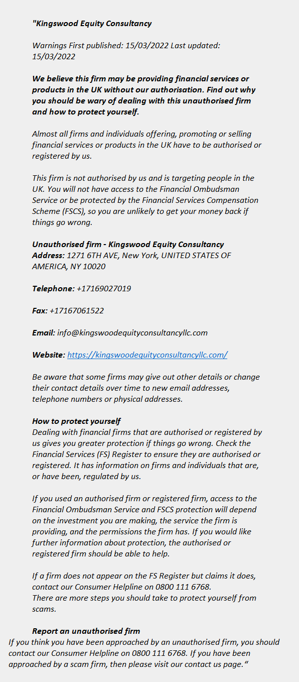 Kingswoodequityconsultancyllc.com: FCA issues warning! Kingswoodequityconsultancyllc.com - KINGSWOOD EQUITY CONSULTANCY