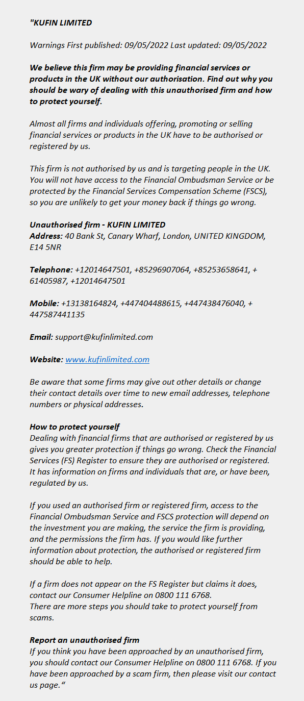 kufinlimited.com: FCA issues warning! kufinlimited.com - KUFIN LIMITED