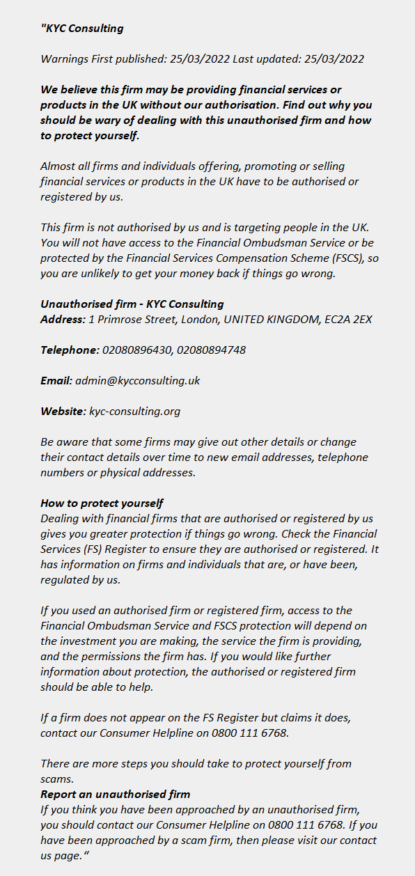 KYC-CONSULTING.ORG: FCA issues warning! KYC-CONSULTING.ORG - KYC Consulting