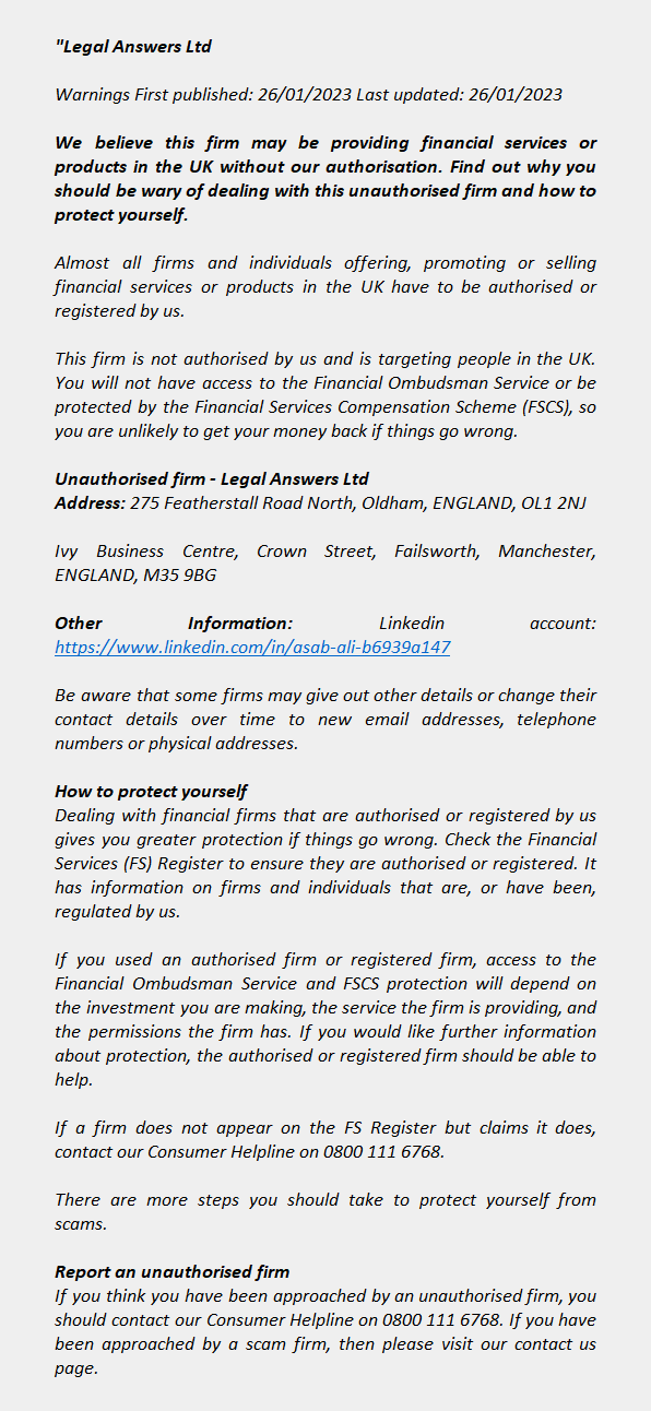 LEGAL ANSWERS LTD – FCA